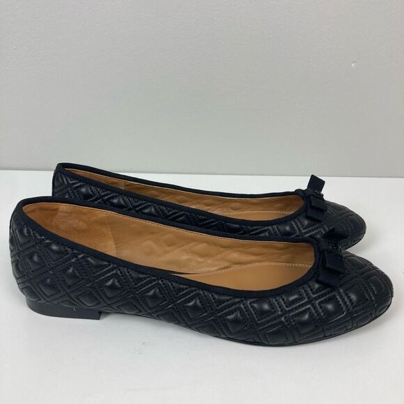 Tory Burch Marion Quilted Ballet Flat Black Nappa Leather Bow Round Toe sz 9 US